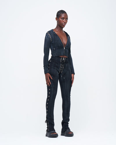 CHARCOAL STONE-WASHED UZIP PANTS