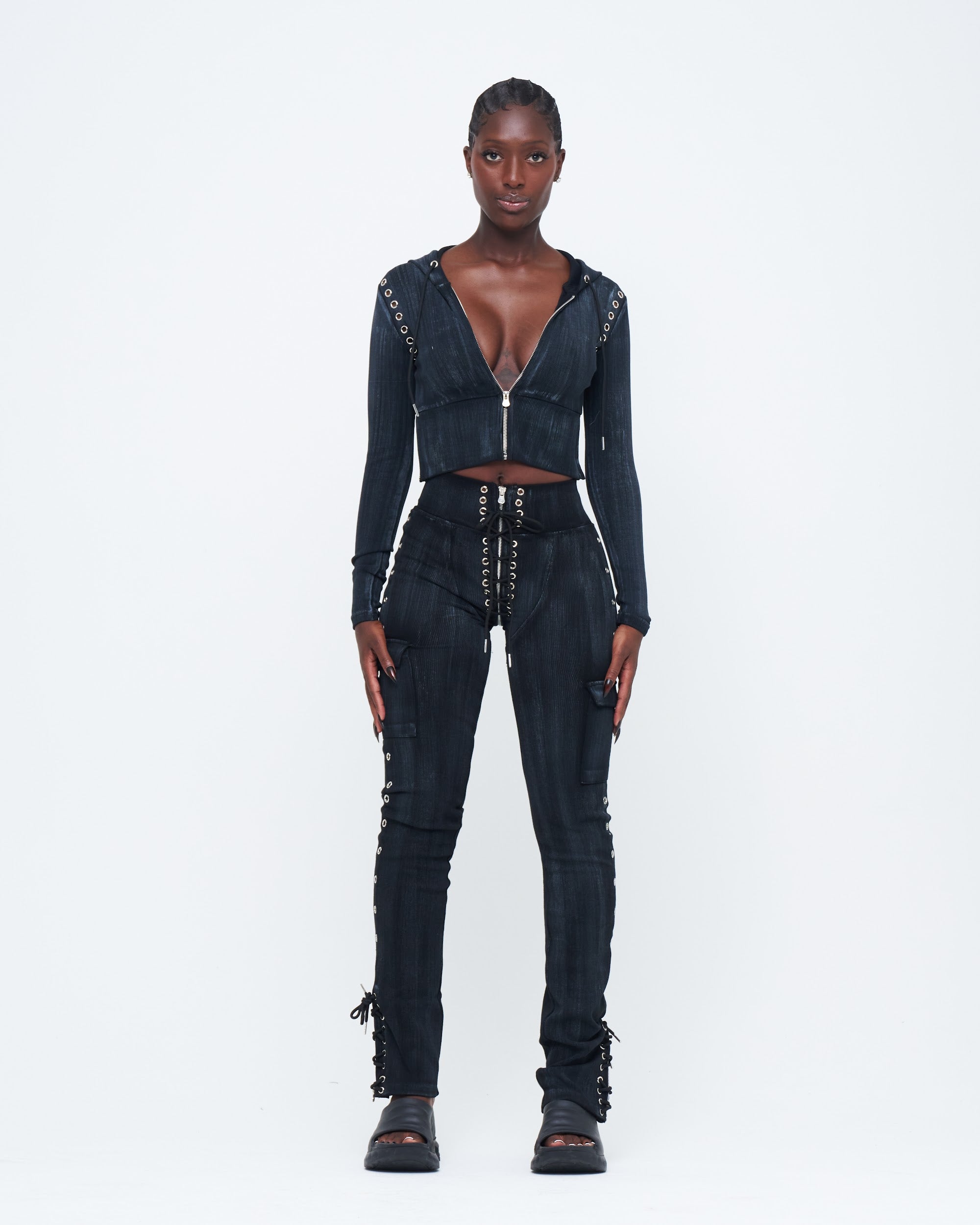 CHARCOAL STONE-WASHED UZIP PANTS