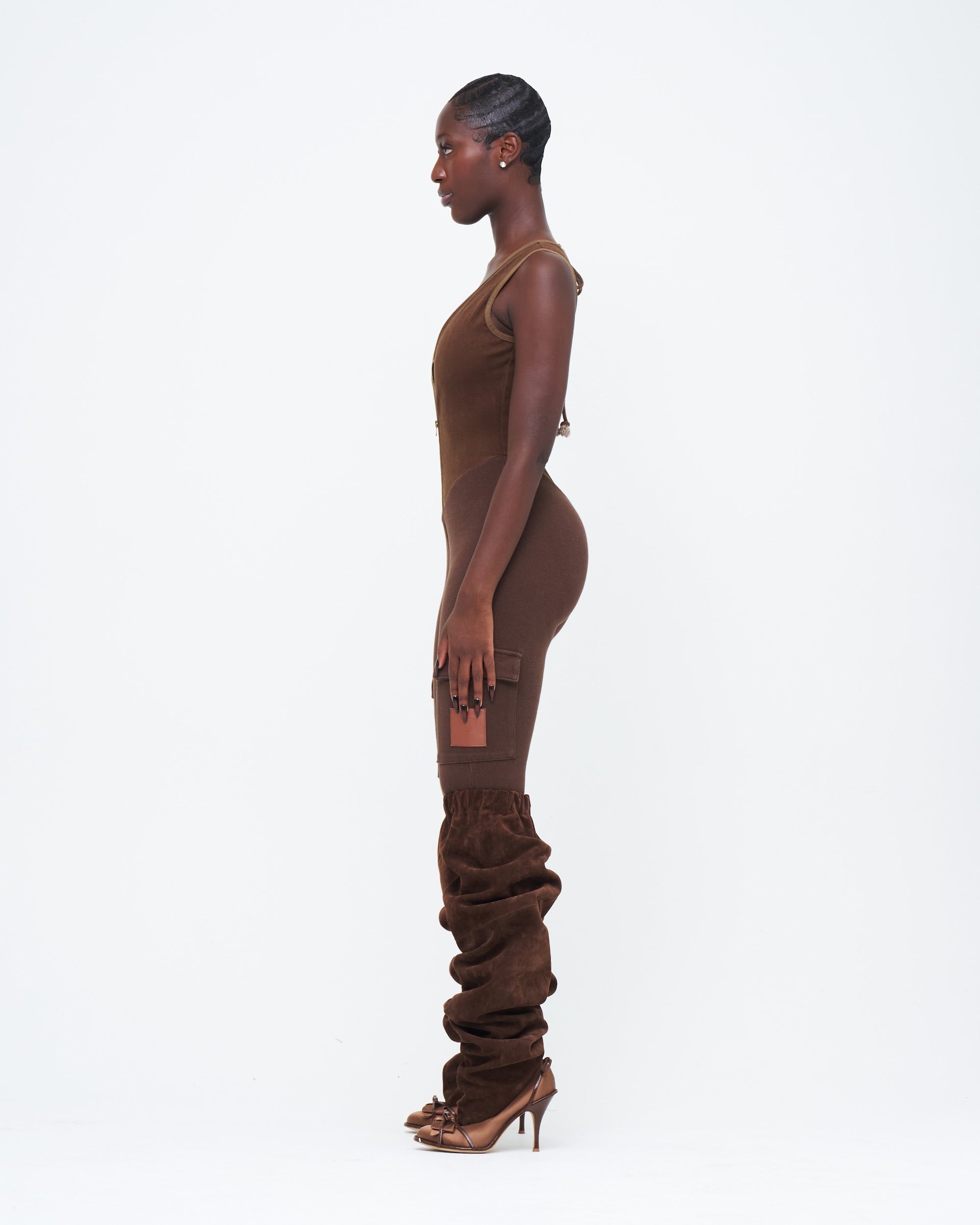BROWN DUAL UZIP JUMPSUIT