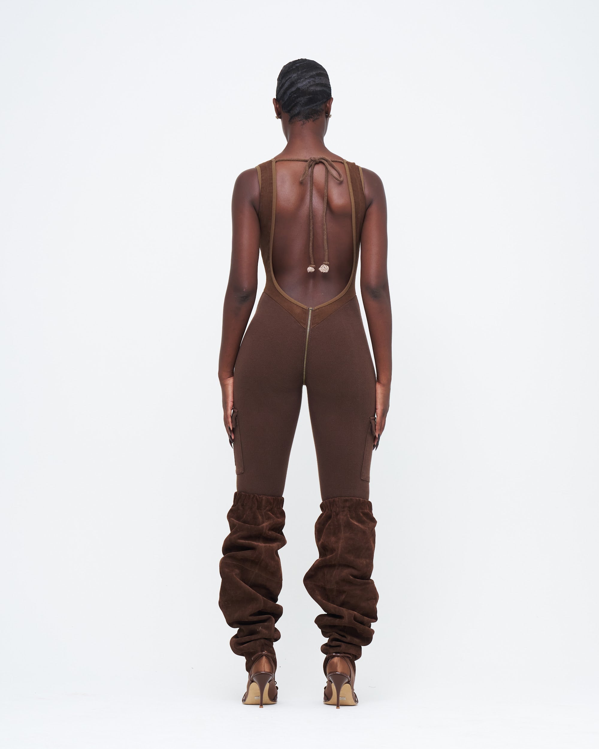 BROWN DUAL UZIP JUMPSUIT