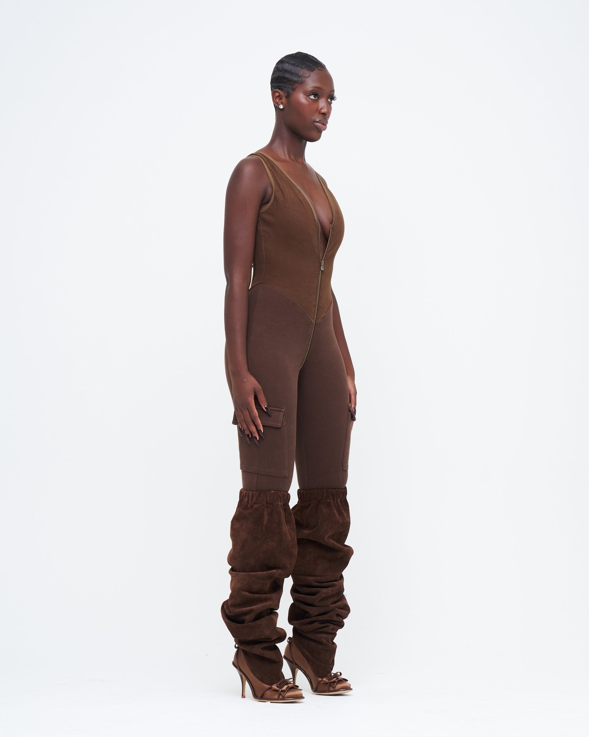 BROWN DUAL UZIP JUMPSUIT