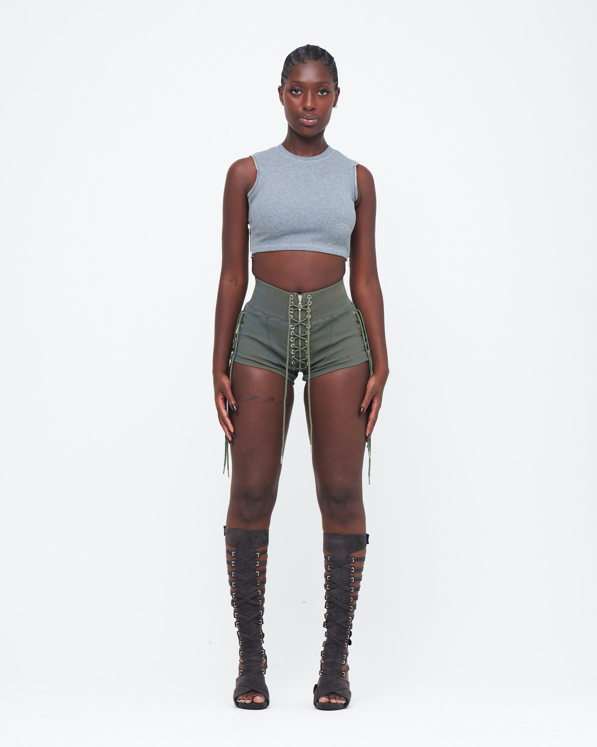 PREORDER ARMY STONE-WASHED UZIP SHORTS
