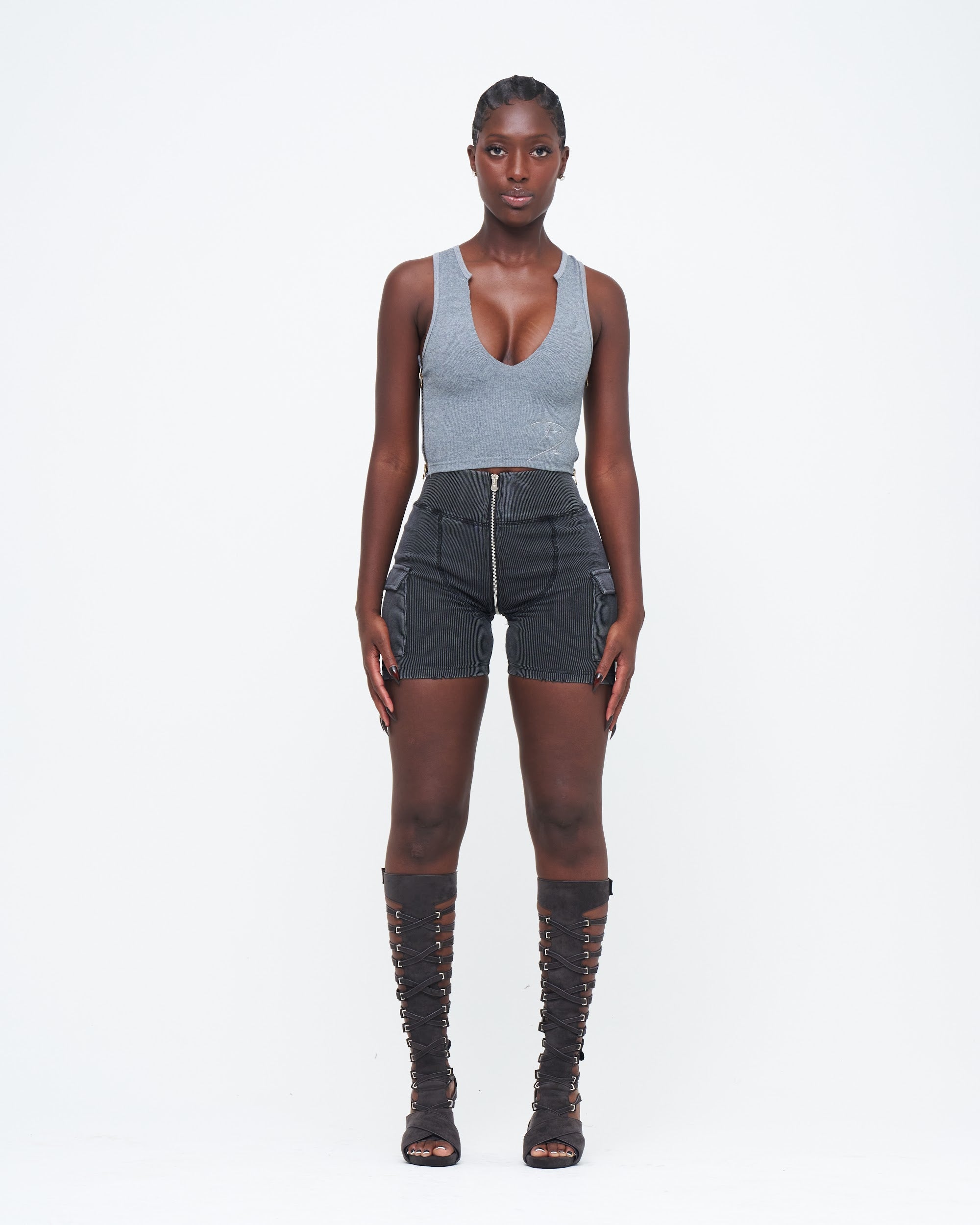 CHARCOAL DENIM UZIP SHORTS