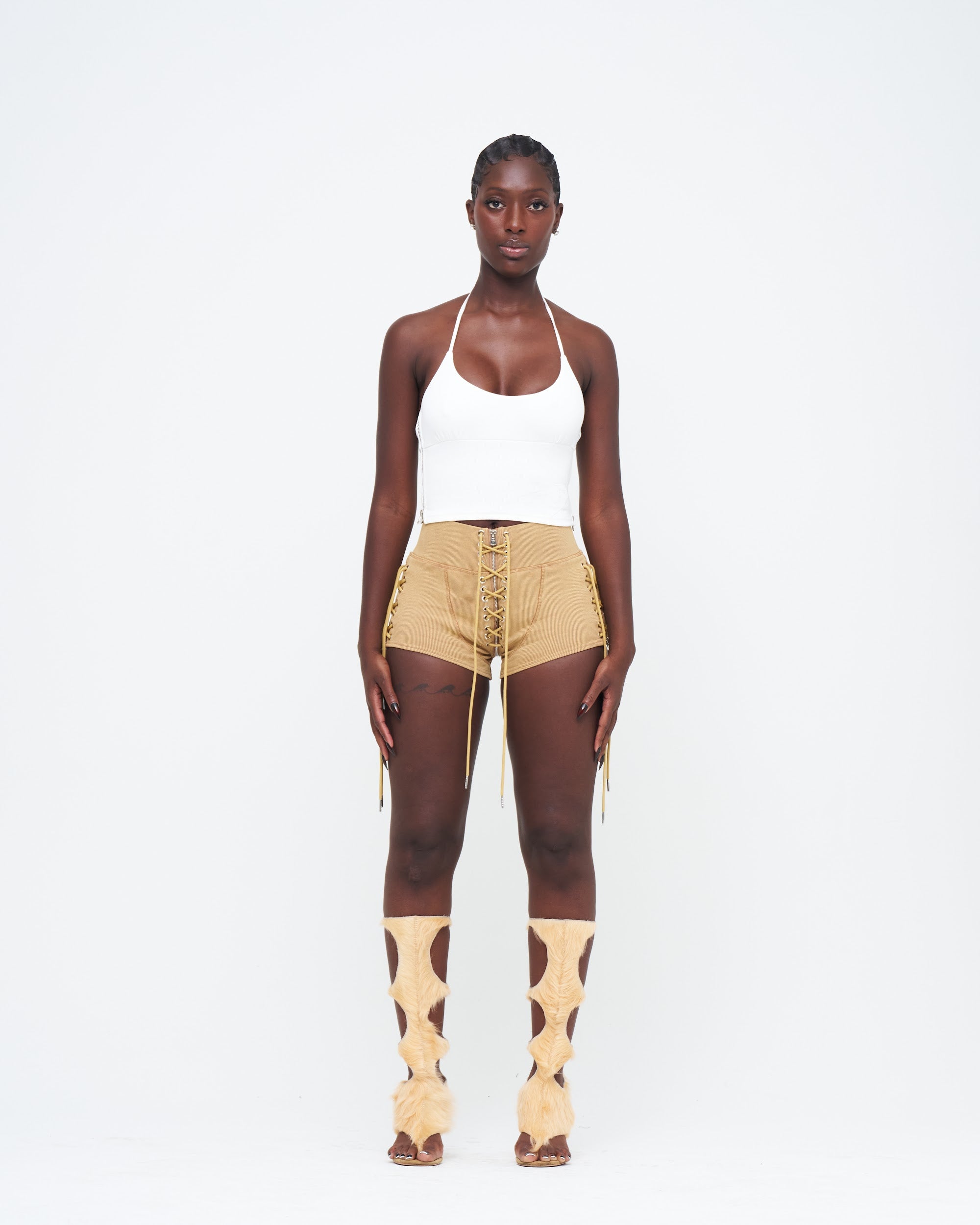 CAMEL STONE-WASHED UZIP SHORTS