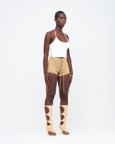 CAMEL STONE-WASHED UZIP SHORTS