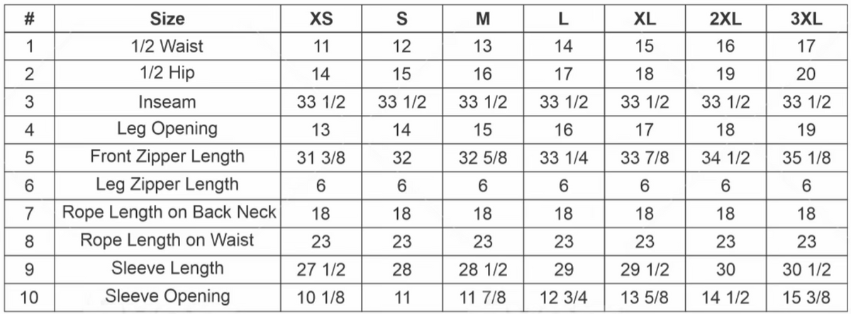 SLEEVED SKULL UZIP JUMPSUIT size chart