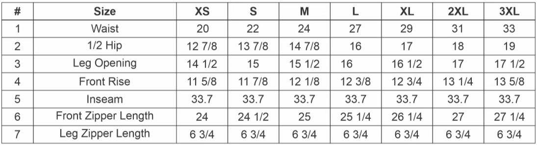 CHROME UZIP PANTS size guide