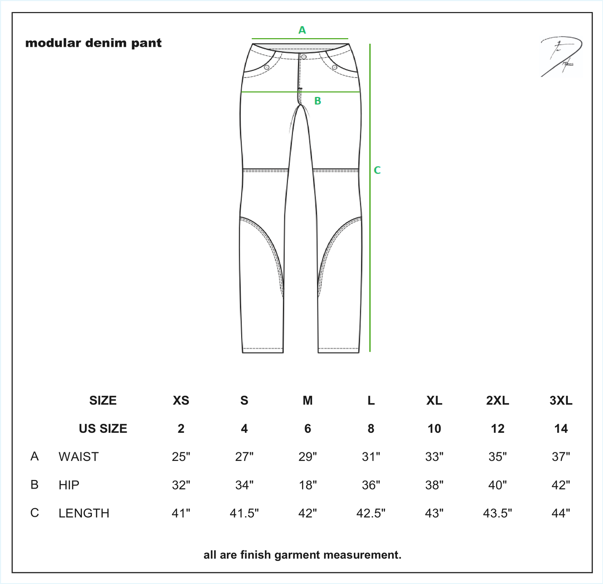 MODULAR PANTS size chart