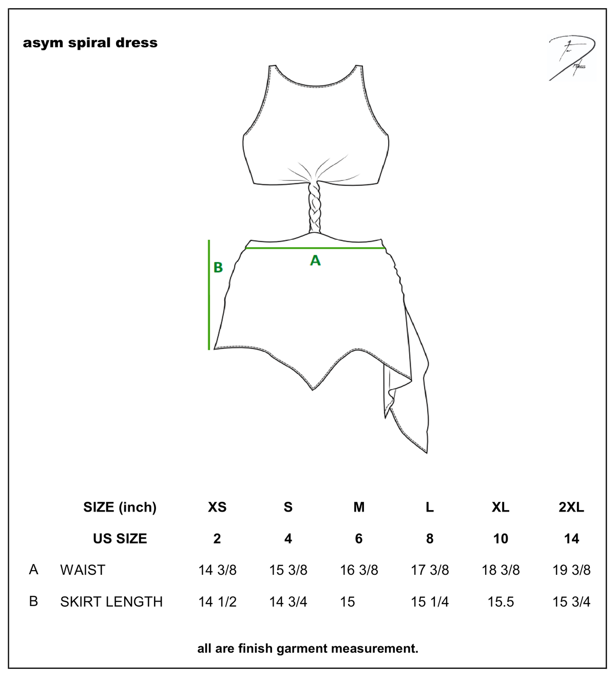 ASYM SPIRAL DRESS size chart