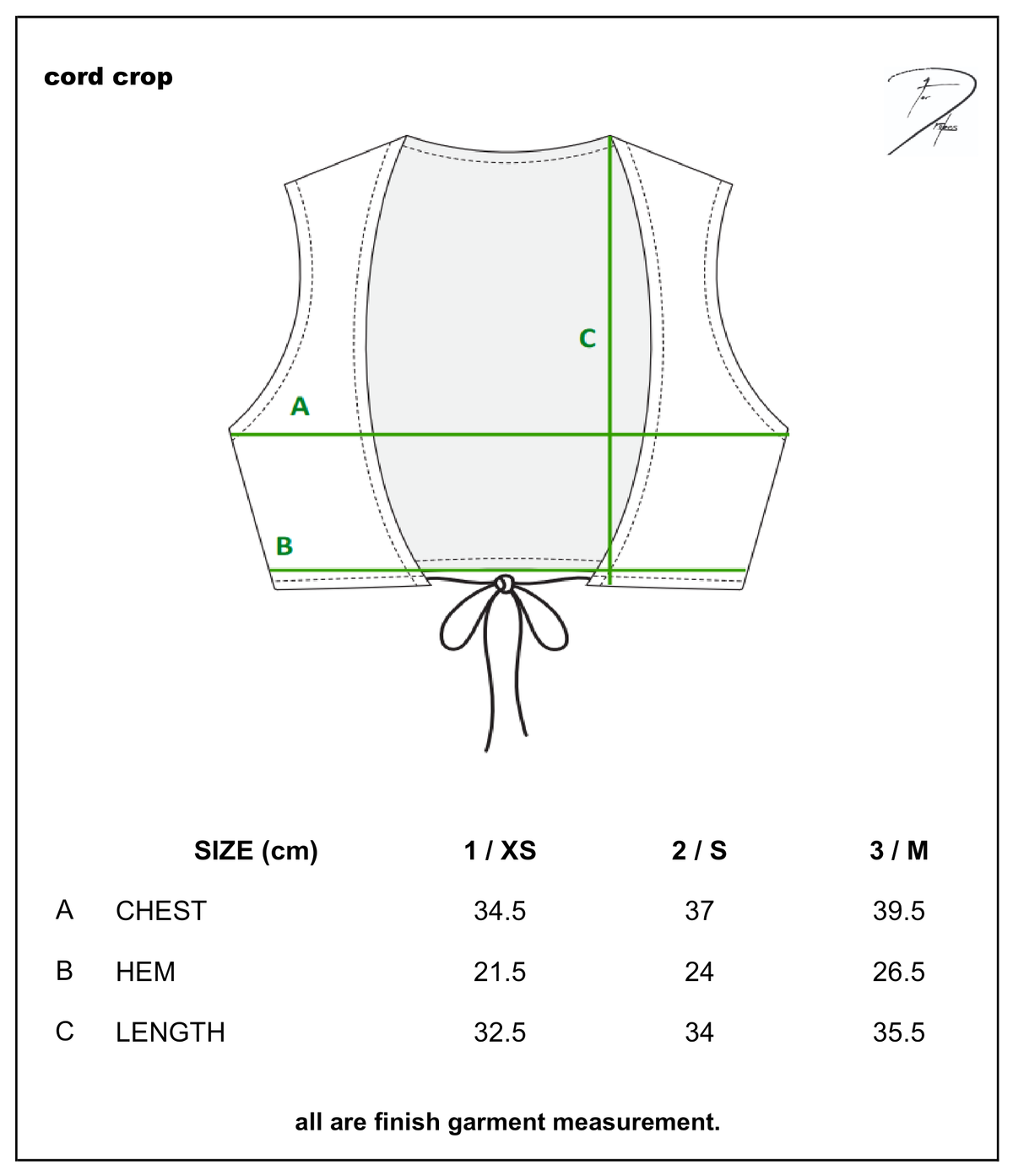 CORD CROP size chart
