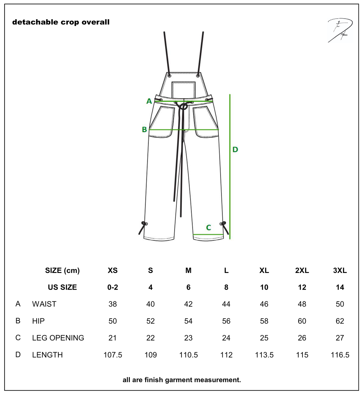 DETACHABLE CORD OVERALLS size chart