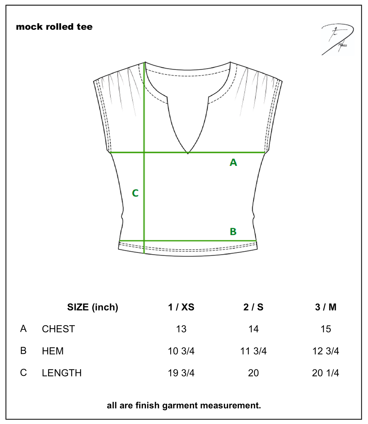 MOCK ROLLED TEE size chart