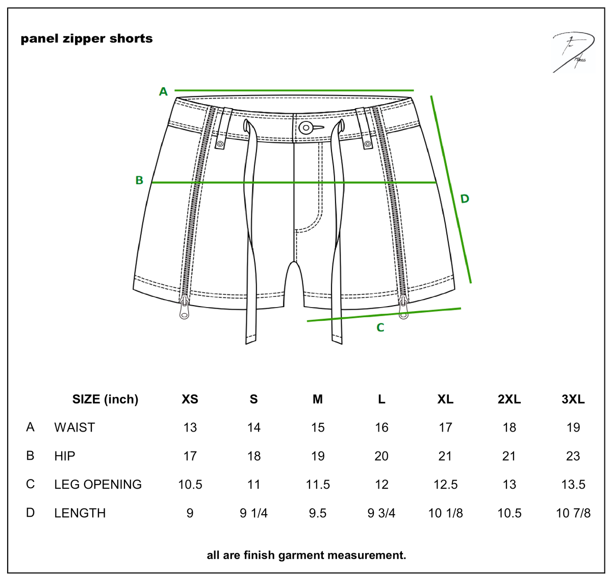 PANEL ZIP SHORTS size chart