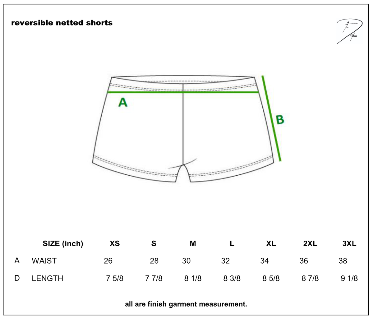 REVERSIBLE NETTED SHORTS size chart