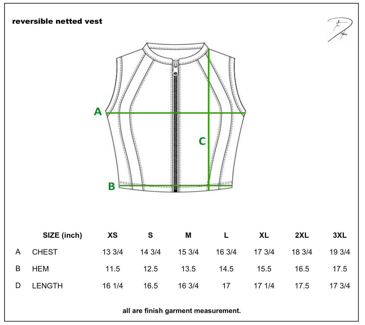 REVERSIBLE NETTED VEST size chart