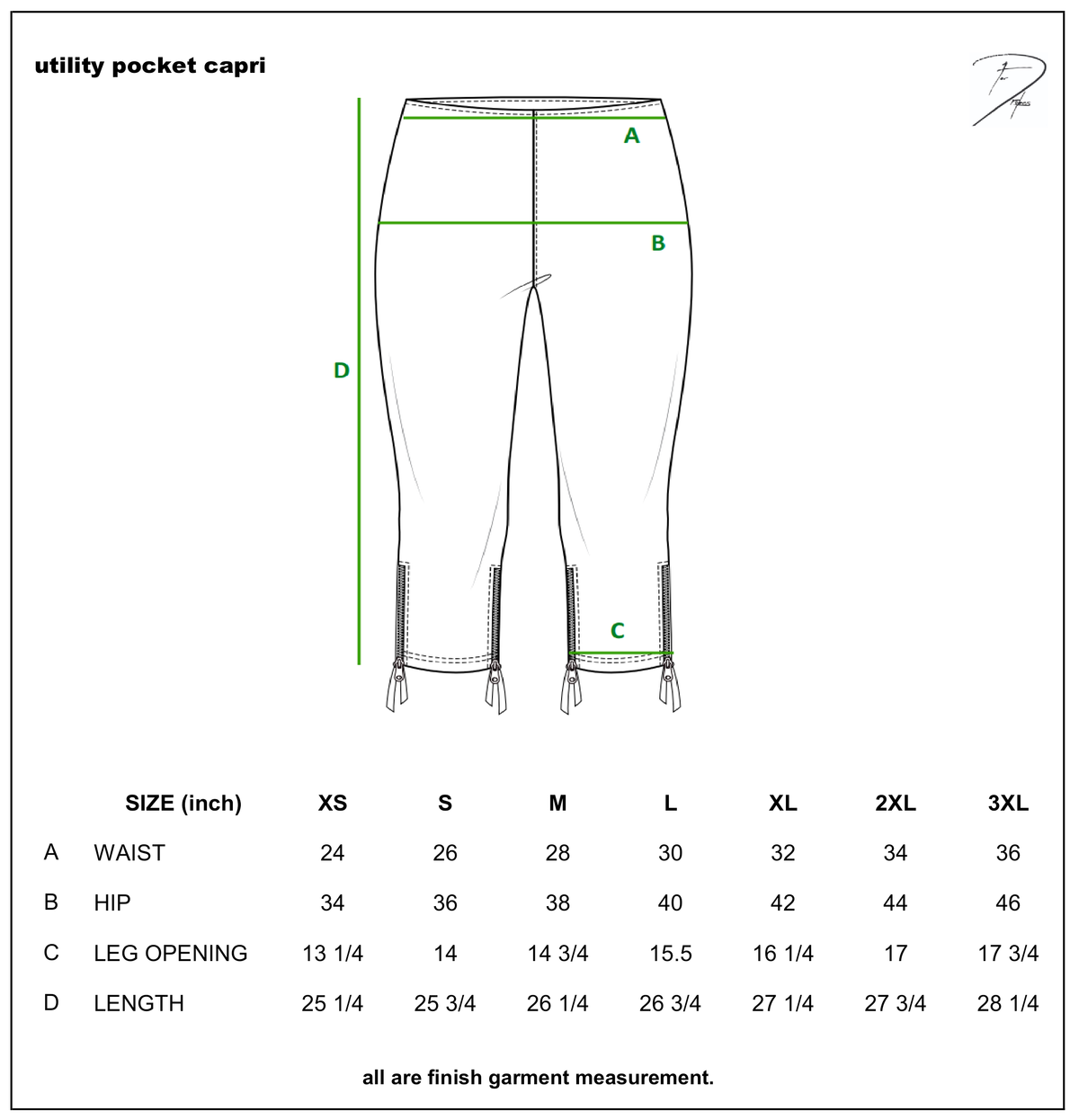 UTILITY POCKET CAPRI size chart